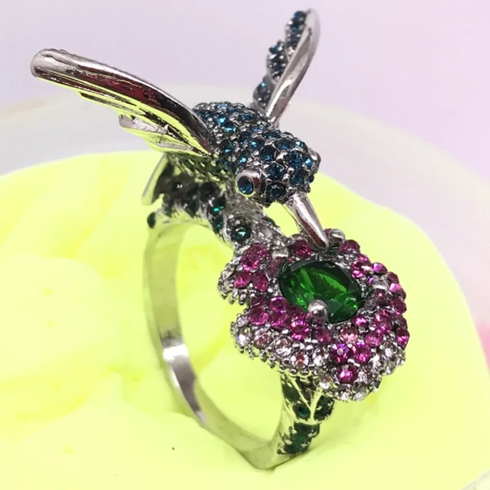 Women's Rhinestone Blue Hummingbird Ring - Picture 2 of 5